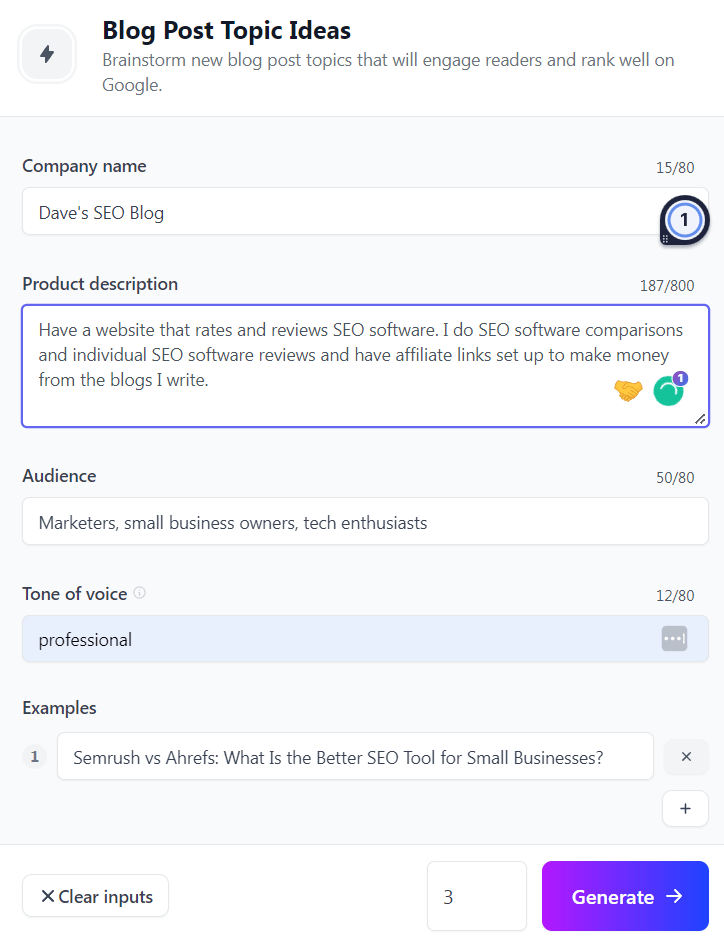 KI-Schreibtool-Formular für Themenideen für Blogbeiträge