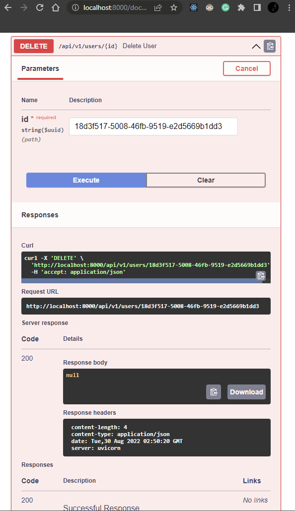 Captura de tela mostrando os parâmetros da solicitação FastAPI DELETE.