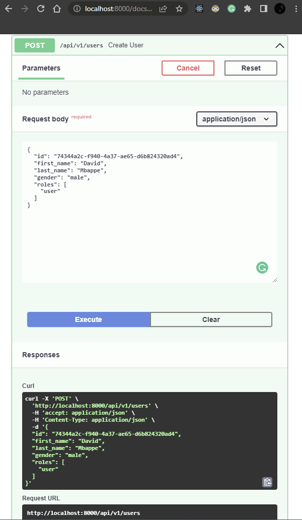 Captura de tela mostrando parâmetros para solicitação FastAPI POST.