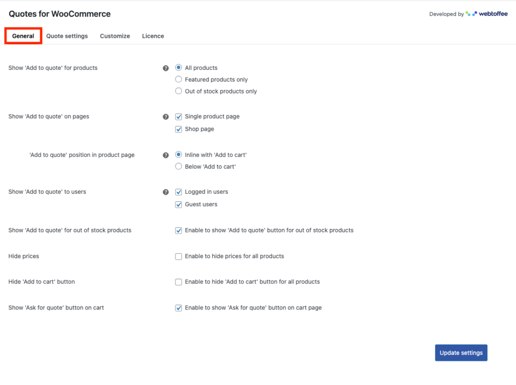 WooCommerce Fiyat teklifi isteme eklentisi için genel ayarlar