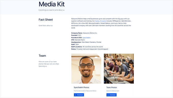 Media Kit-Seite von Awesome Motive