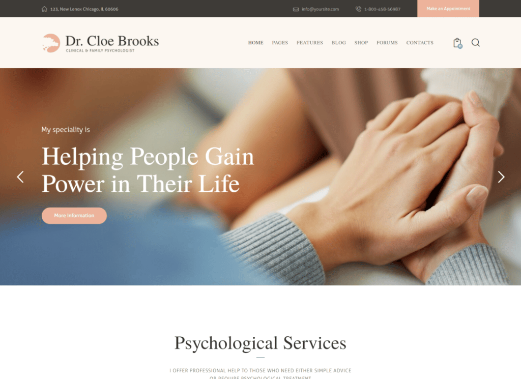 Cloe Brooks — motyw WordPress dotyczący psychologii, poradnictwa i medycyny