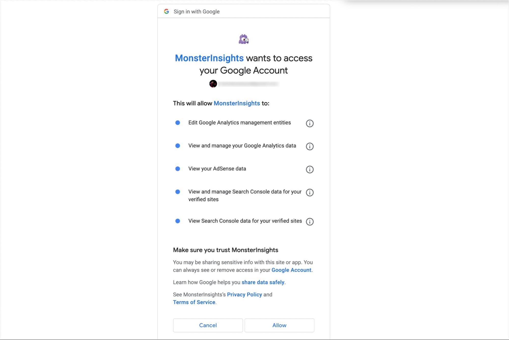 Google アカウントにアクセスする許可を MonsterInsights に付与する