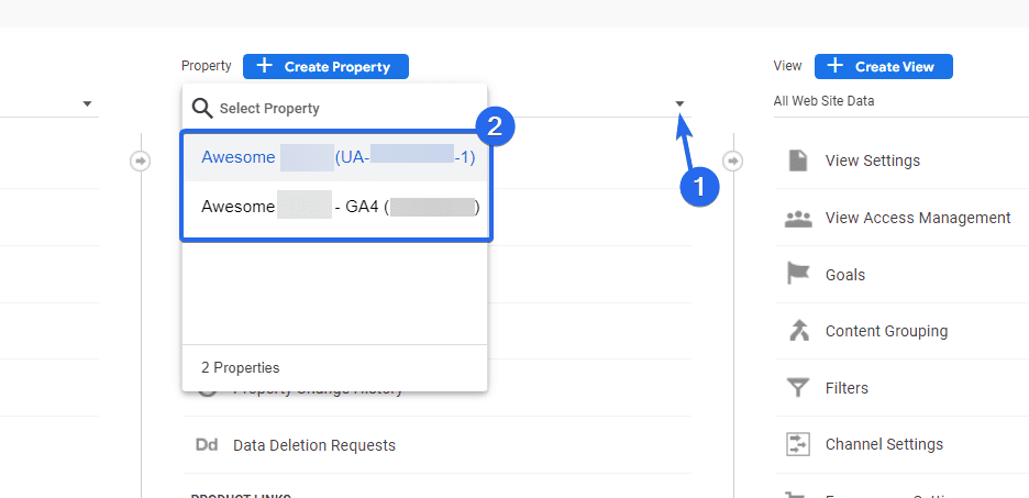 Google アナリティクス 4 または UA プロパティのいずれかを選択