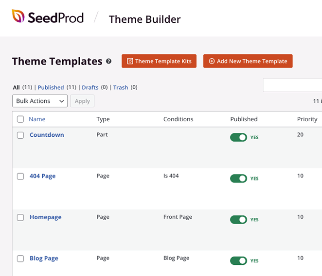 Theme builder template parts