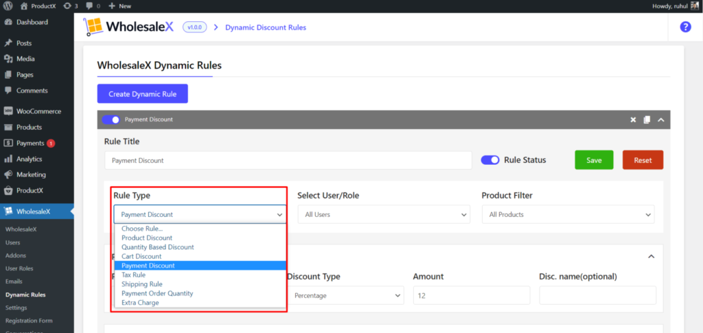 WholesaleX Rule Type Payment Discount