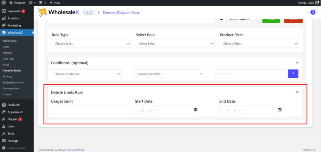 WholesaleX Date and Limits Rule