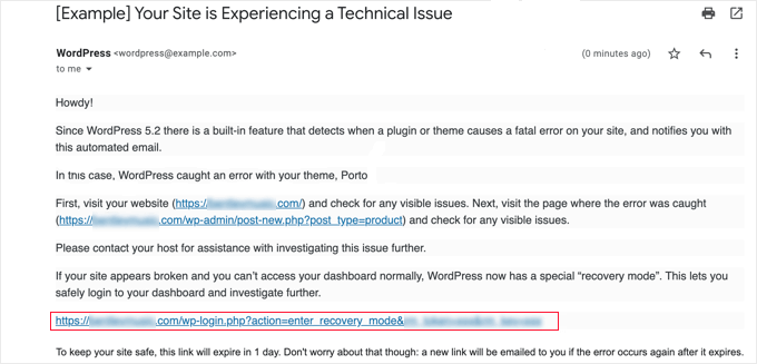 Email do WordPress sobre problema técnico em seu site