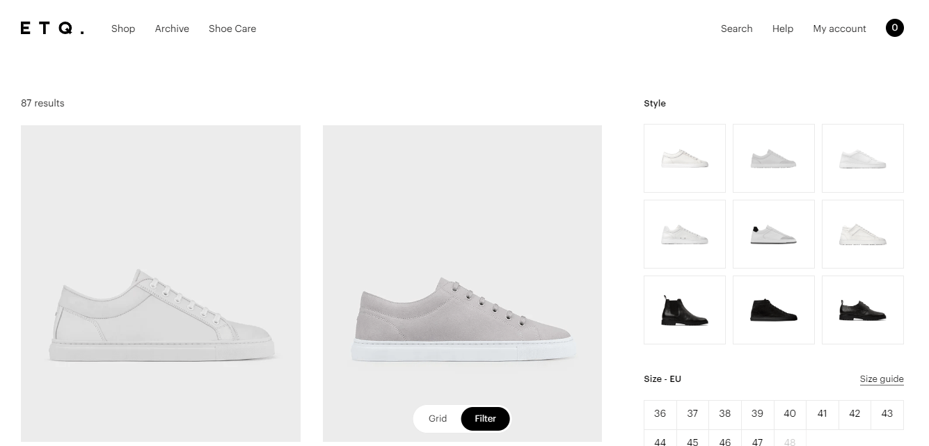El sitio web de ETQ es uno de los mejores ejemplos de sitios web minimalistas de una tienda en línea.