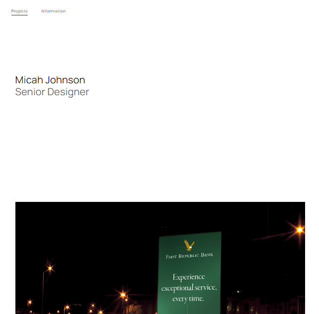 Le site Web de Micah Johnson est un exemple de site Web minimaliste de manuel d'un portefeuille en ligne.