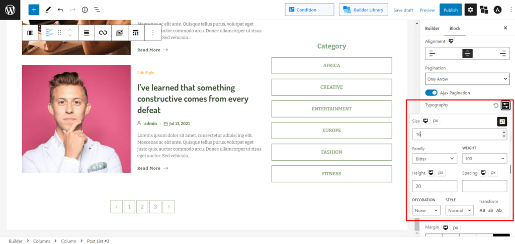 WordPress Numeric Pagination Typography Settings