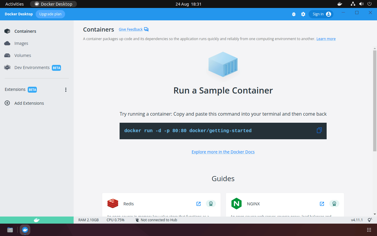 Captura de pantalla de Docker Desktop ejecutándose en Ubuntu.