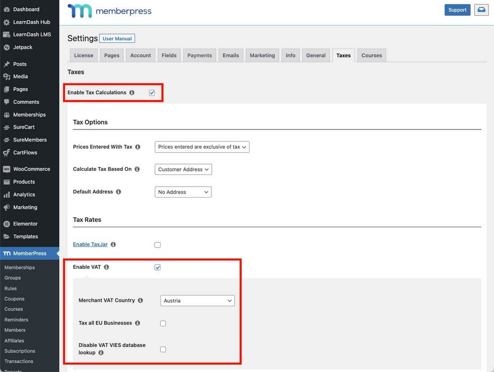 حسابات الضرائب في MemberPress