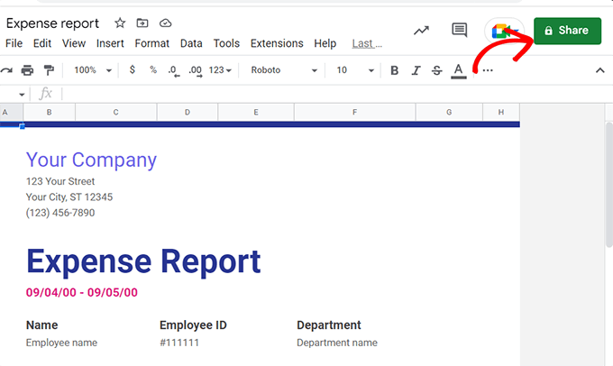 Klik tombol Bagikan di Google Sheets