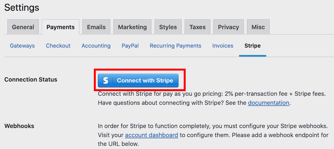 Cliquez sur le bouton Se connecter avec Stripe