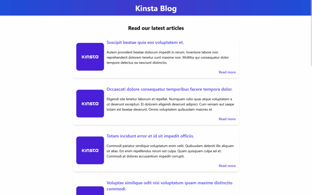 O pagină simplă cu „Kinsta Blog” într-un banner albastru în partea de sus și un singur rând de exemple de carduri cu articole.