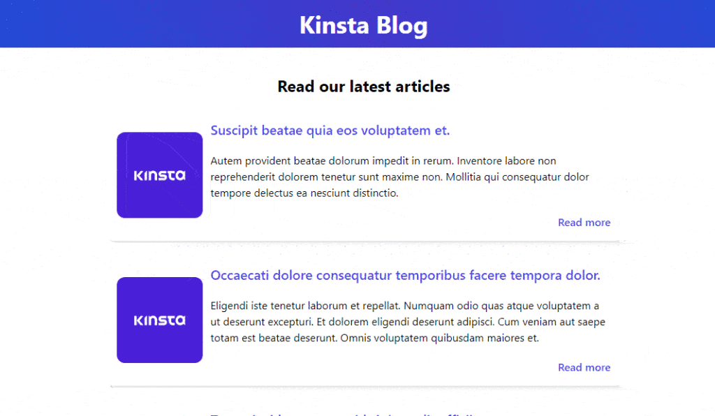 Przykładowa strona „Blog Kinsta” przedstawiająca karty artykułów z działającymi linkami.