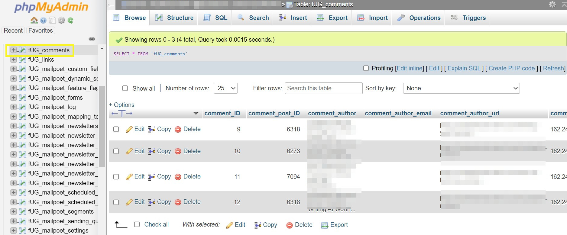 Kommentartabelle in phpMyAdmin