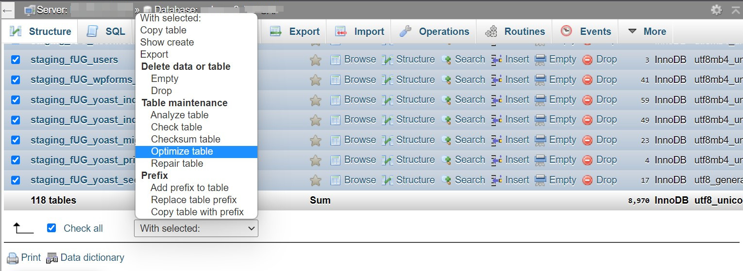 phpMyAdmin'de tablo seçeneğini optimize edin