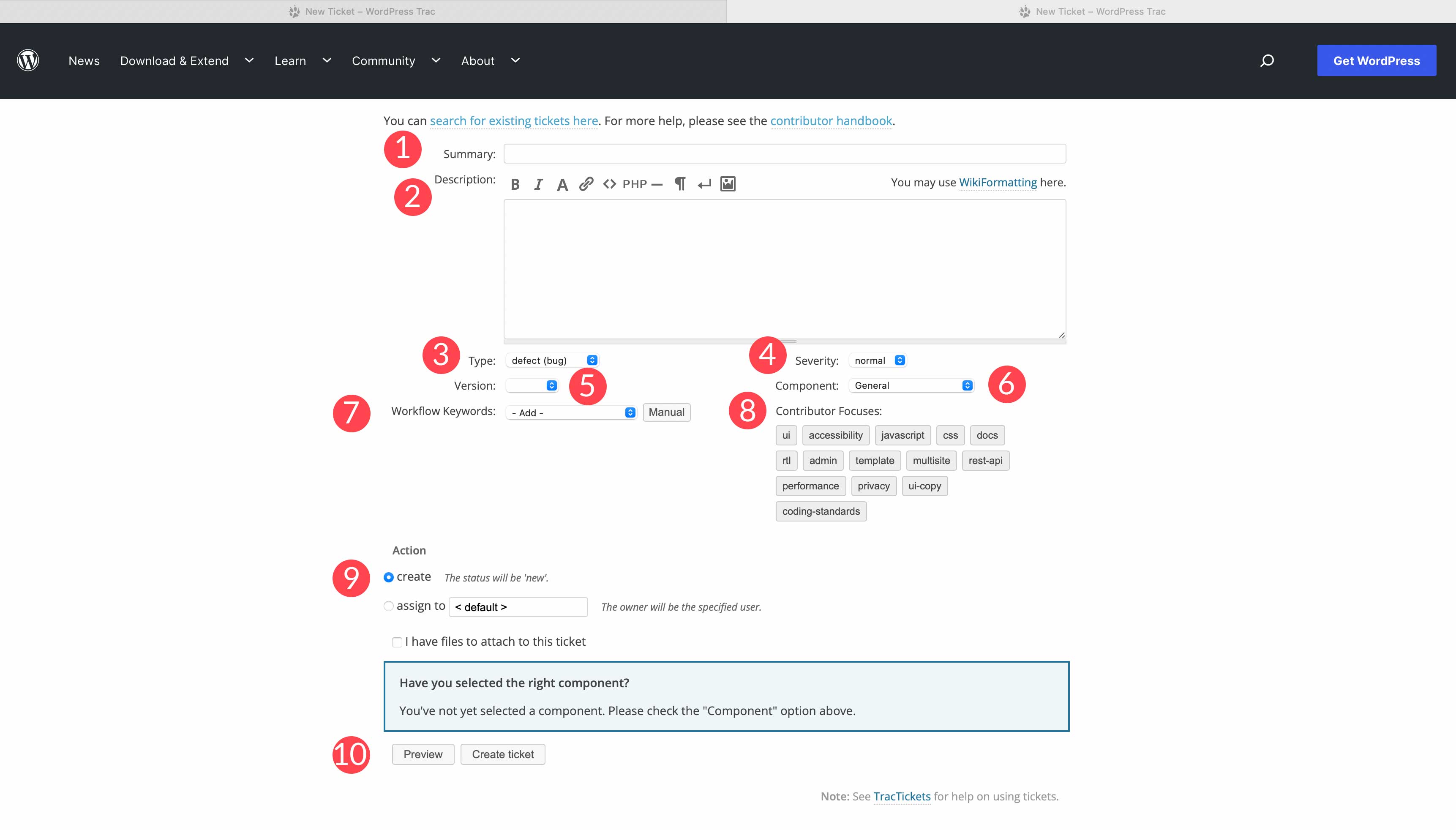 Passaggi per la creazione di un ticket WordPress beta