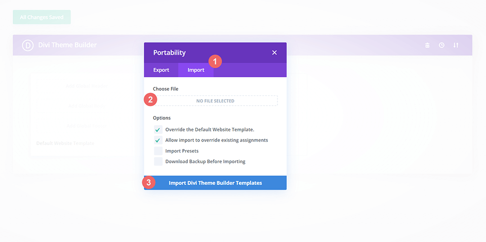 Configuración de importación para el paquete de diseño de encabezado y pie de página