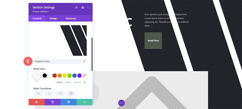 Divi Corporate blog başlık tasarımı için Çapraz Çizgiler Arka Plan Maskesini seçme