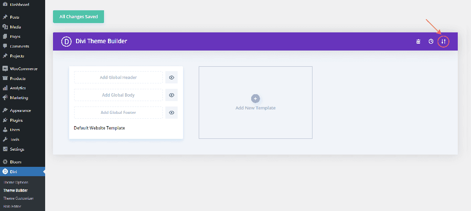 Deschiderea funcției de import export a Divi Theme Builder