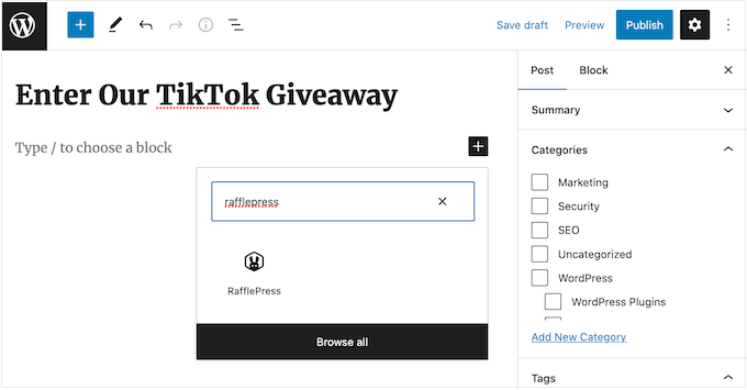 Blok RafflePress WordPress