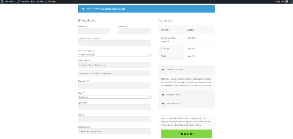 WholesaleX Add Balance Checkout