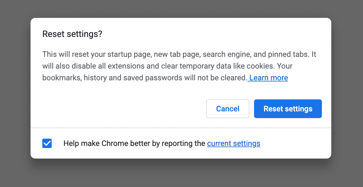 确认 Chrome 设置重置