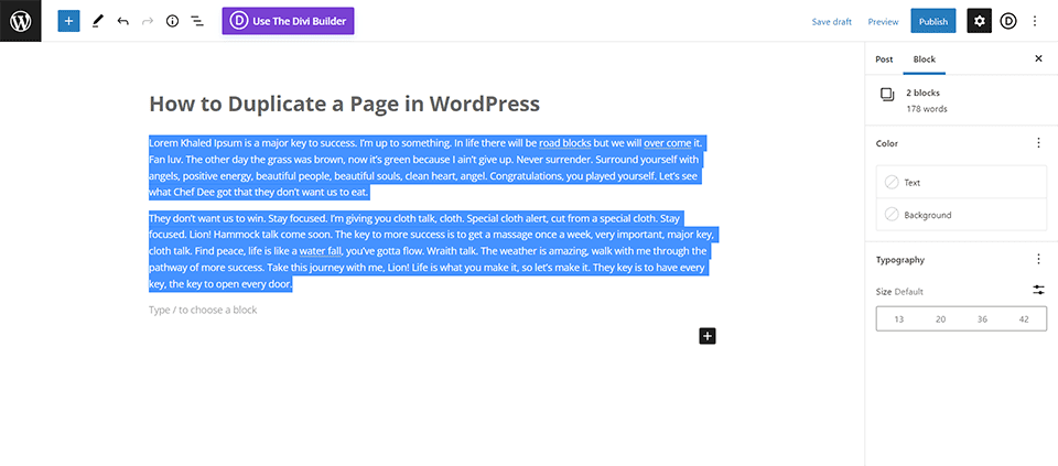 Copiar e colar conteúdo também permite duplicar o conteúdo de uma página no WordPress