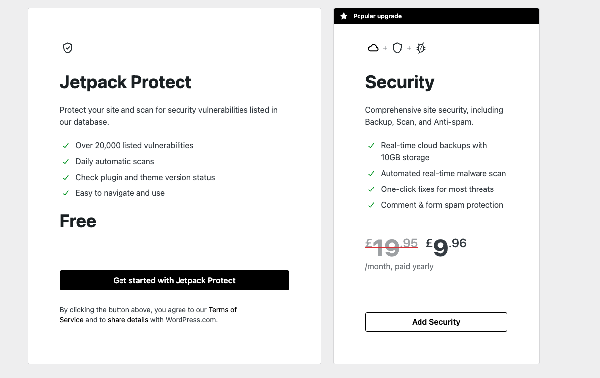 ตัวเลือกแผนสำหรับ Jetpack Protect