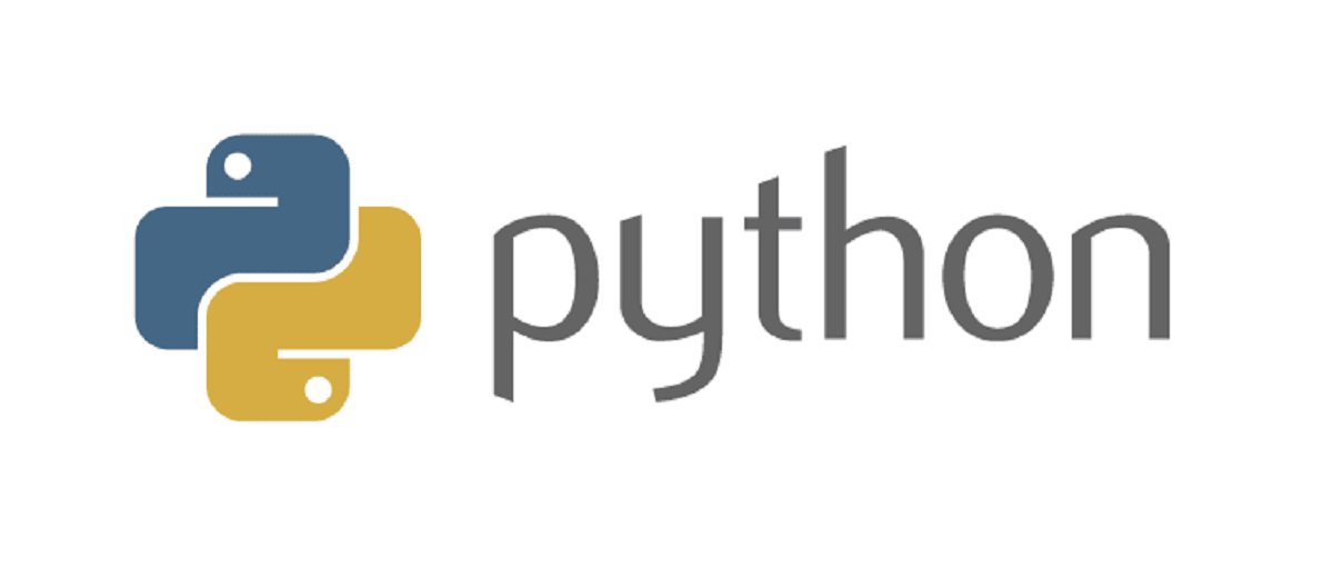 โลโก้ของภาษาโปรแกรม Python และชื่อ Python ที่ด้านขวาของโลโก้