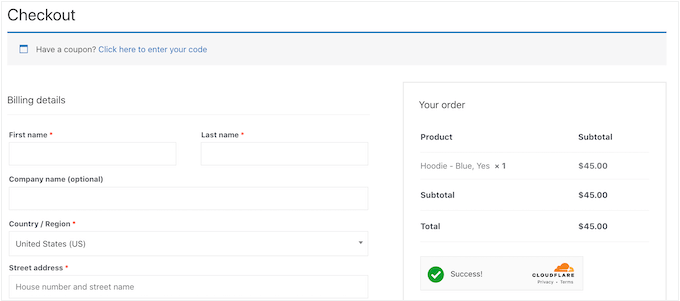 CAPTCHA ของ Cloudflare Turnstile ในหน้าชำระเงินของ WooCommerce