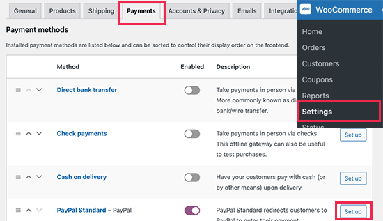 WooCommerce payment settings