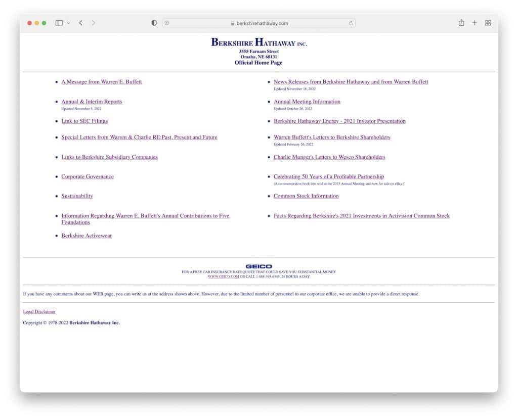 berkshire hathaway mal diseño del sitio web