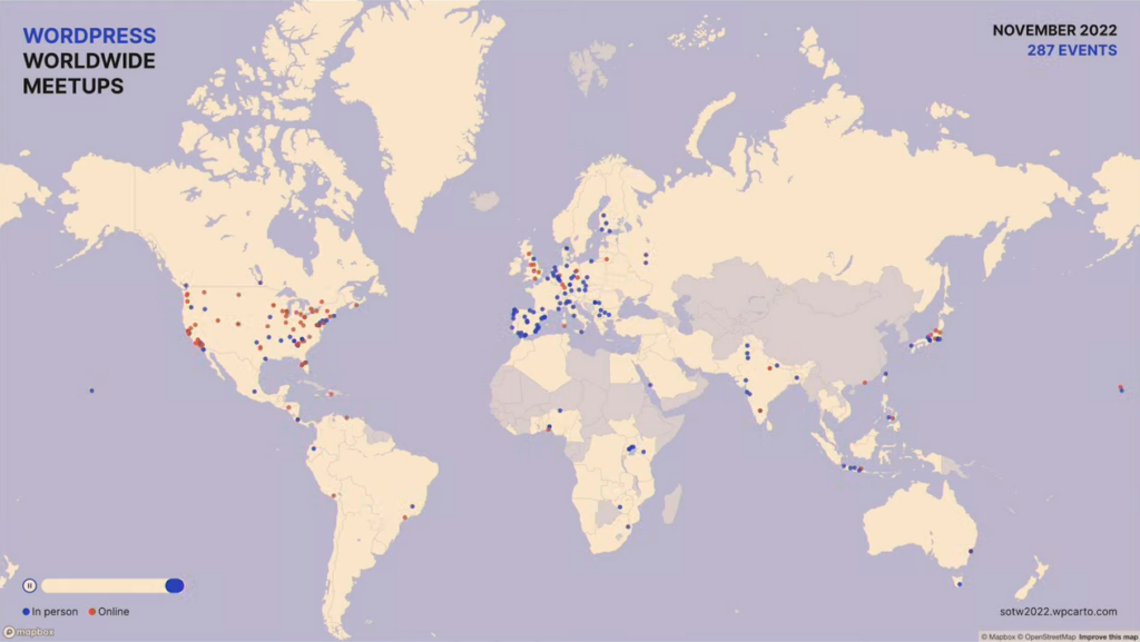 Mapa do mundo com locais fixados de WordPress Meetups