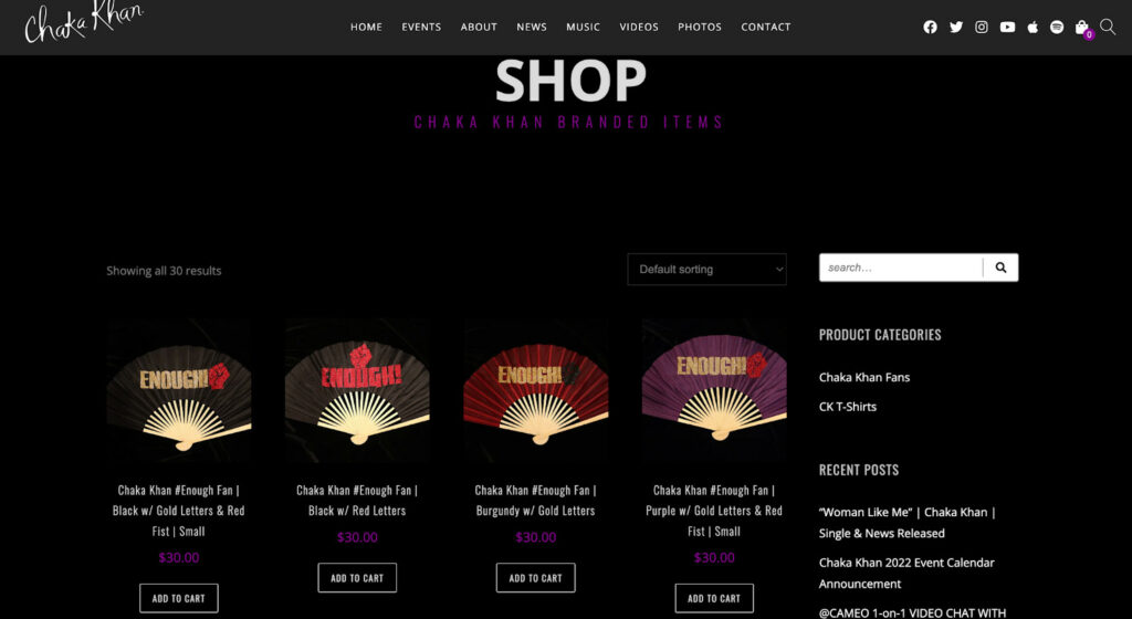 หน้าร้านค้าของ Chaka Khan สร้างด้วย WooCommerce