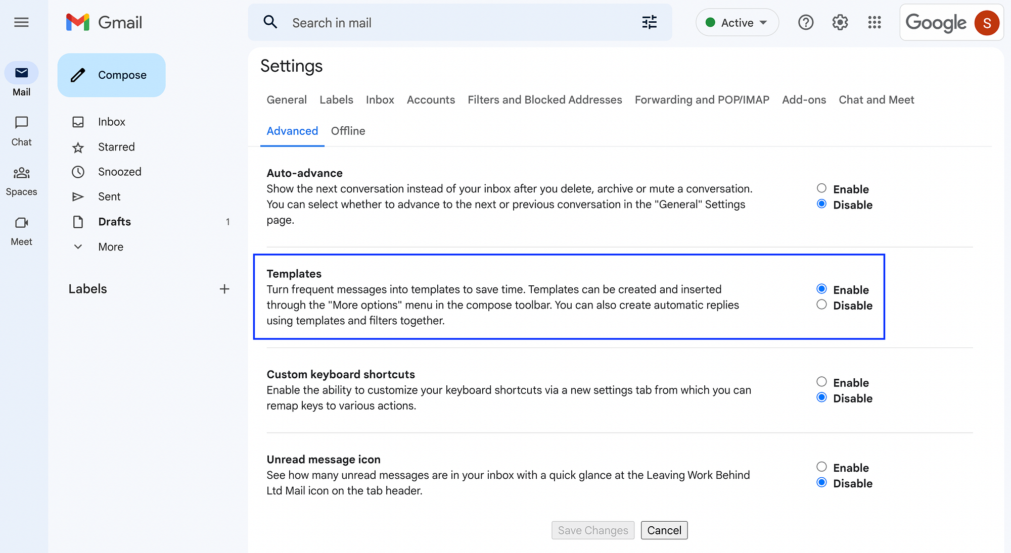 Ative os modelos nas configurações avançadas do Gmail.