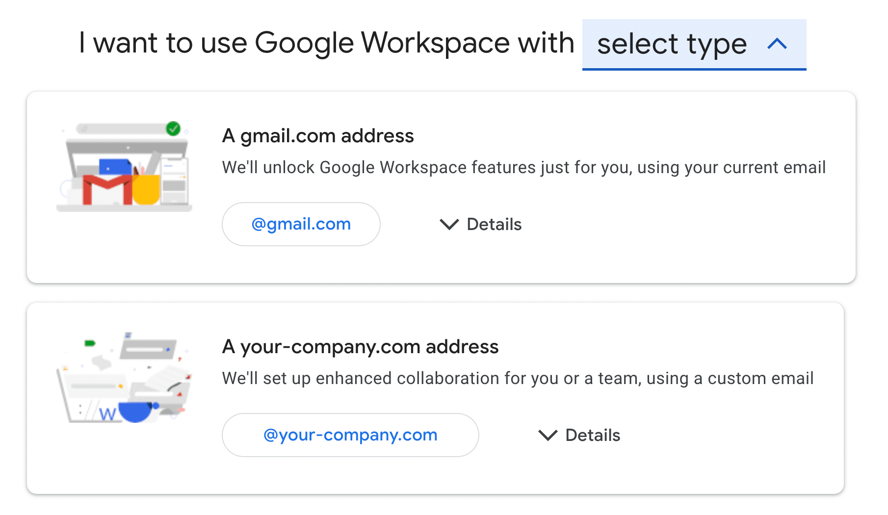 Selectați tipul de e-mail Google Workspace.