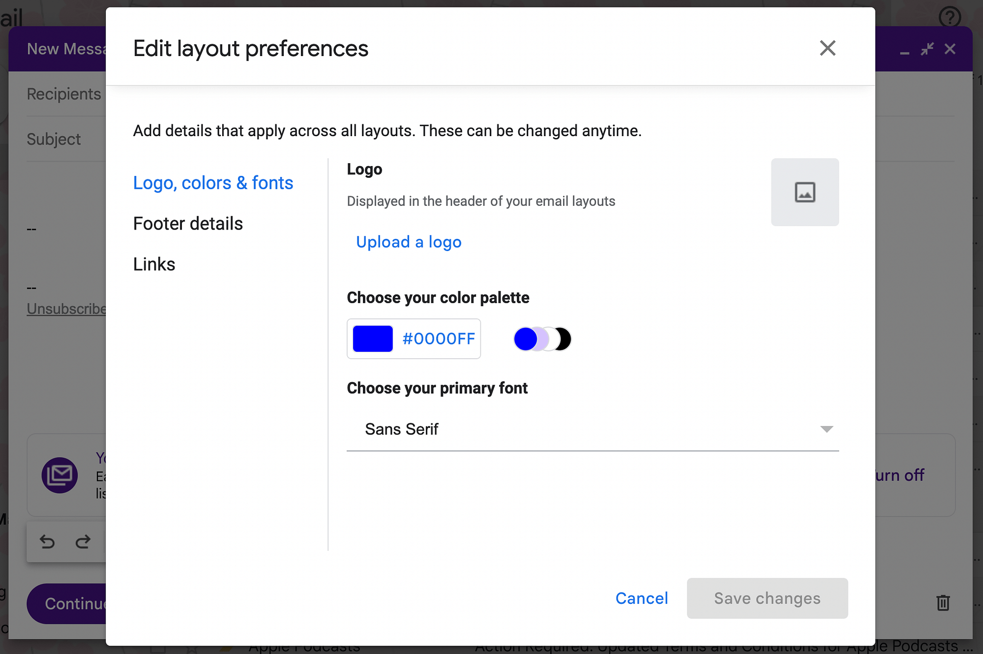 Alterar a paleta de cores do layout de e-mail em massa.