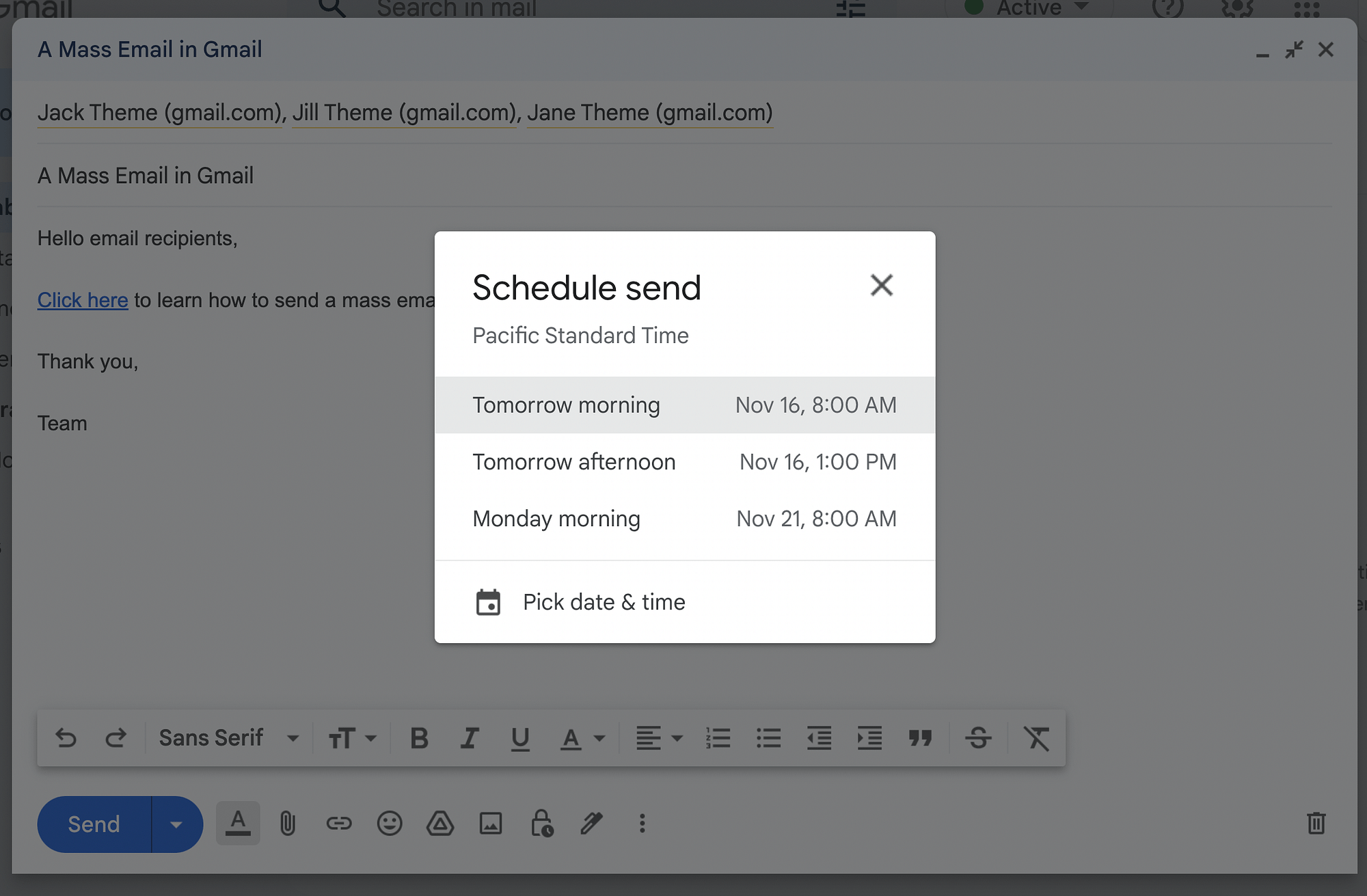 Programa un correo electrónico masivo en Gmail.