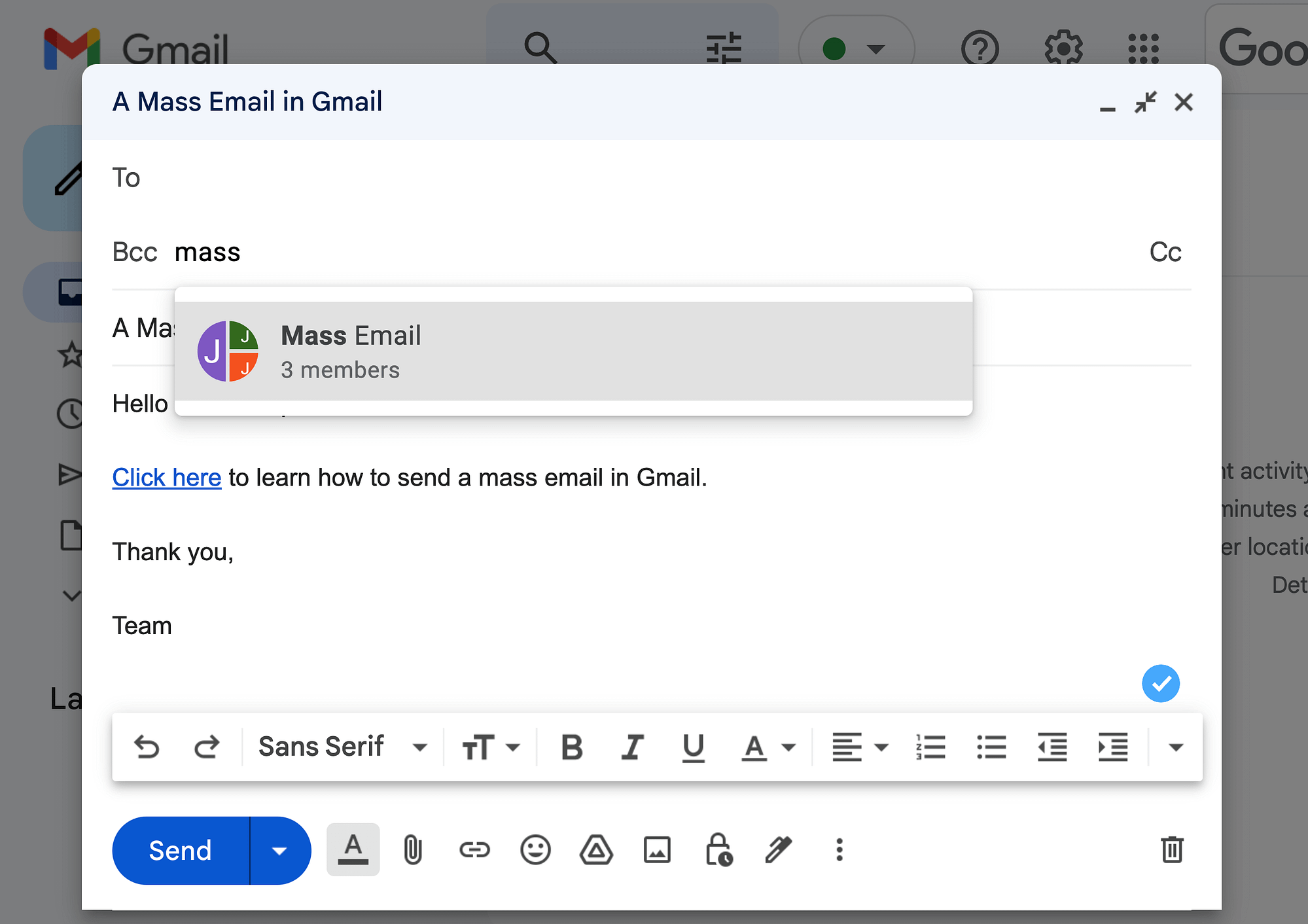 Seleccione los destinatarios antes de enviar un correo electrónico masivo en Gmail.