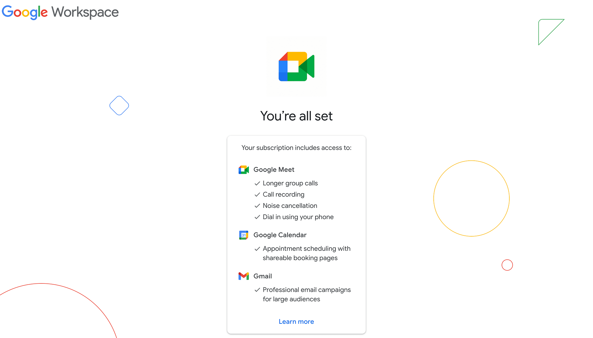 Pantalla de confirmación de Google Workspace.