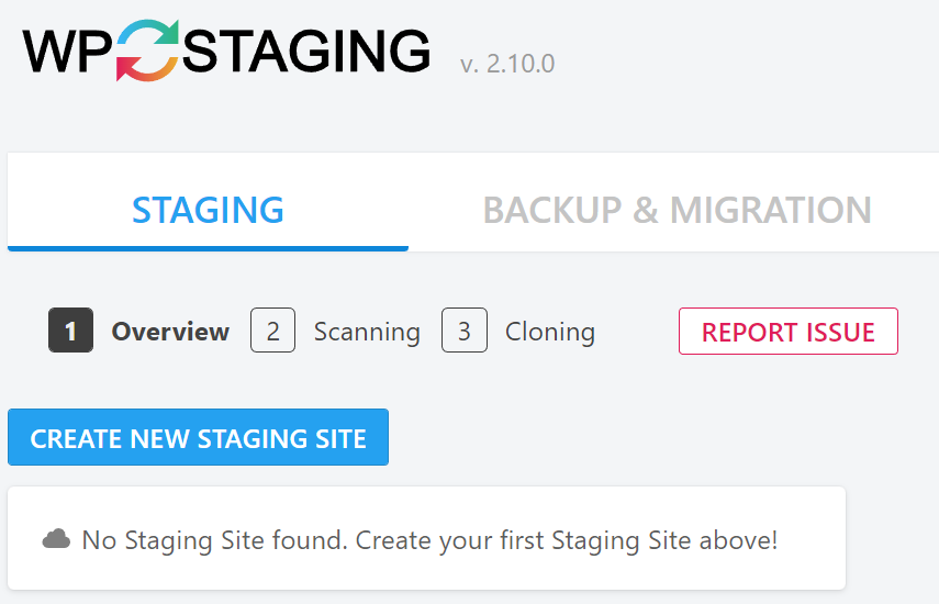 WP Staging pasul 1, cu opțiunea de a crea un nou site de staging