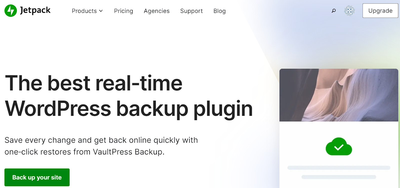 Pagina de pornire Jetpack VaultPress Backup cu sloganul „Cel mai bun plugin de backup WordPress în timp real”