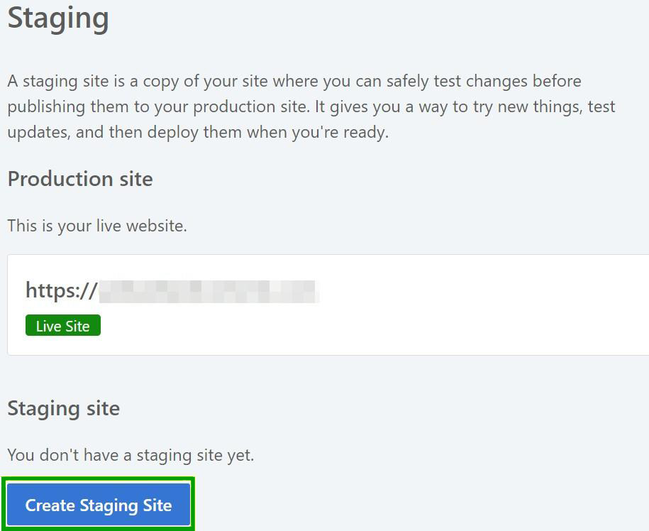「ステージング サイトの作成」という言葉が表示された青いボタンです。