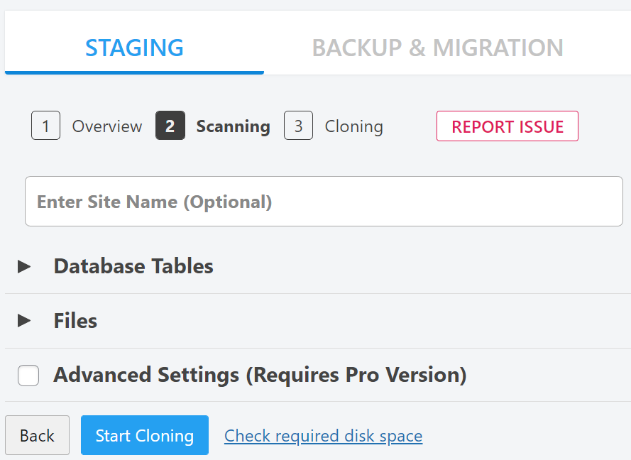 Paso 2, con opciones para elegir archivos y tablas de base de datos