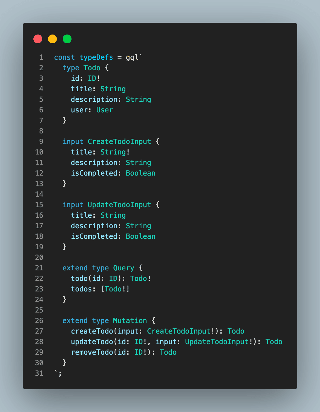 Una interfaz de línea de comandos que muestra el esquema de nuestro script Todo, incluidas las nuevas entradas.