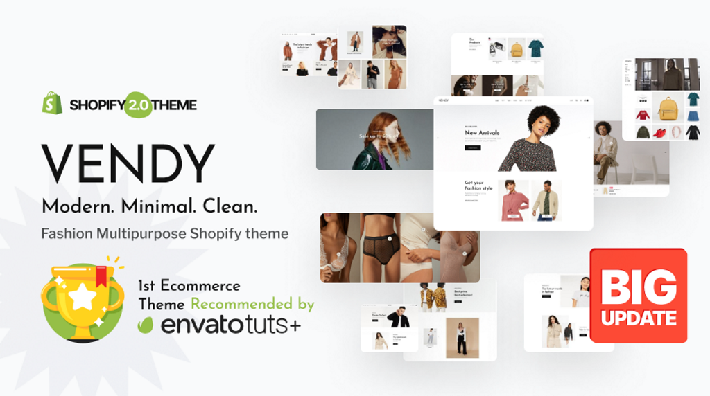 Vendy, um tema Shopify multifuncional clean e minimalista para moda